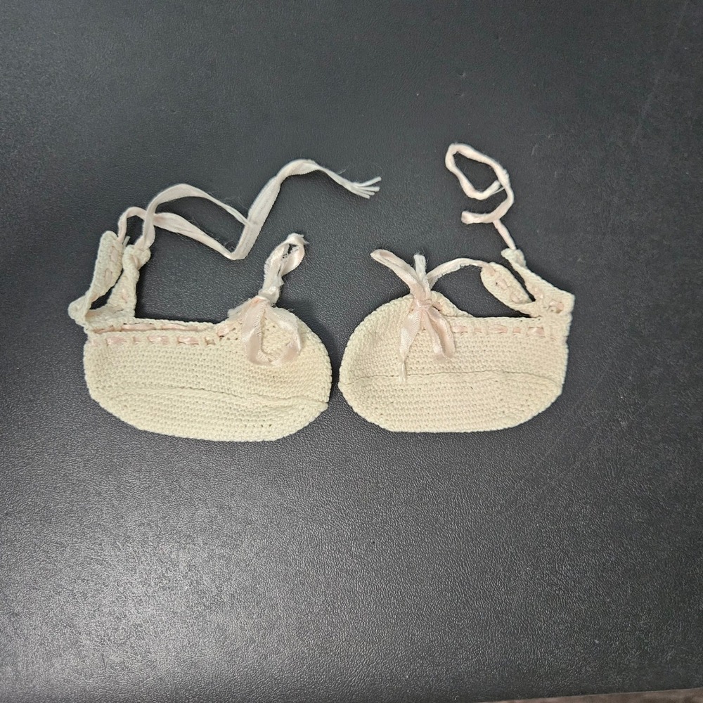 Vintage Handmade Crochet Baby Booties Pink Silk Ribbon Heirloom Slippers